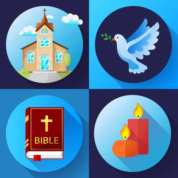 Religione icone impostare il colore vettoriale Flat Design Vector Illustrazione. Colomba blu, vecchia chiesa, candele e libro della Bibbia — Vettoriale Stock