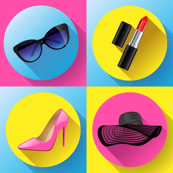 Sada ikon žena šaty módní vektor - sluneční brýle, Dámské boty, letní klobouk, rtěnka — Stockový vektor