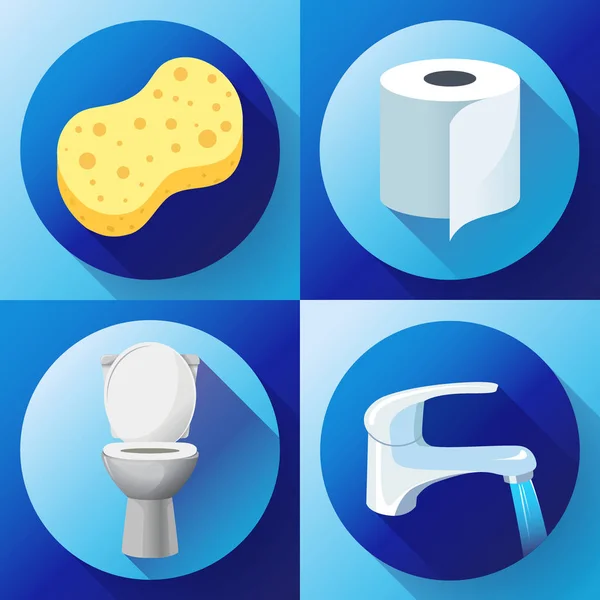 White ceramics vector toilet bowl icon. modern toilet in flat style. Water tap with flowing water, toilet paper icon, Yellow shower sponge icon. Vector illustration. — Stockvector