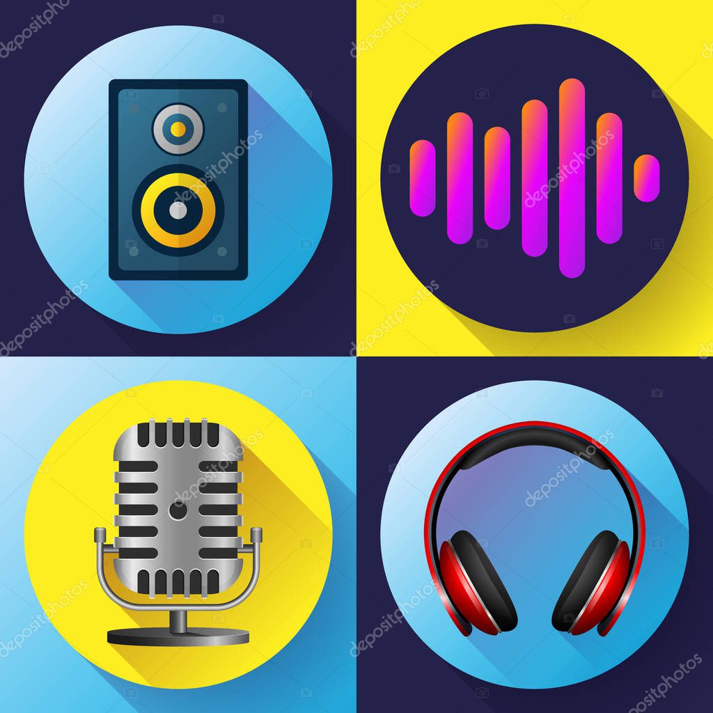 Musical icons set flat style - old microphone headphones acoustics and sound volume.