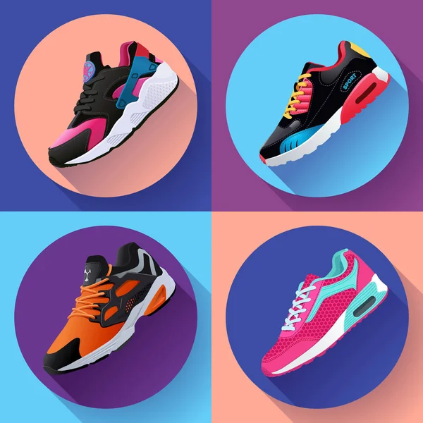 Fitness sneakers schoenen voor opleiding Sportschoen flat design met lange schaduw. Sport schoenen set — Stockvector