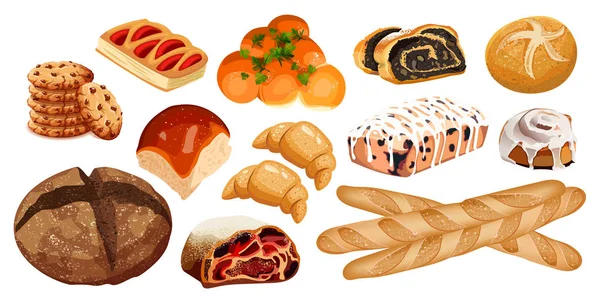 Set vector bread icons. Rye, whole grain and wheat bread, pretzel, muffin, croissant, bagel, french baguette, cherry strudel, bun, muffin with icing, roll with poppy seeds for design menu bakery. — Stock Illustration Set vector bread icons. Rye, whole grain and wheat bread, pretzel, muffin, croissant, bagel, french baguette, cherry strudel, bun, muffin with icing, roll with poppy seeds for design menu bakery. Royalty Free Stock Illustrations