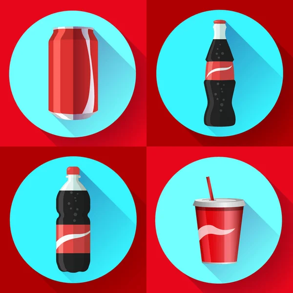 Soda şişesi kırmızı etikel düz vektör Icon set ile ayarla — Stok Vektör