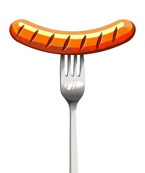 Vector grilled sausage on a fork isolated on a white background. — Stock Vector