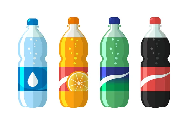 Uppsättning av plast flaska vatten och söt läsk cola, sprite, fantasy orange soda. Platt soda ikoner vektorillustration — Stock vektor