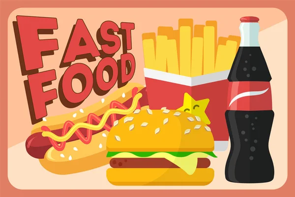 Colorful Fast food vector retro banner. Fast food hamburger dinner and restaurant, tasty set fast food many meal and unhealthy fast food classic nutrition in flat style. — Stock Vector