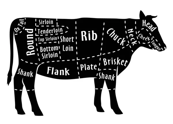 Rindfleisch geschnitten, Diagramm für Metzger. Rindfleisch geschnitten — Stockvektor