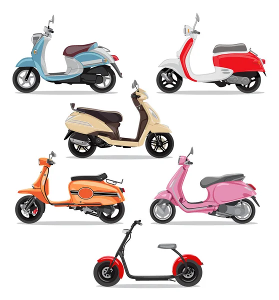 Set of colorful moped in flat style side view. — Stock Vector