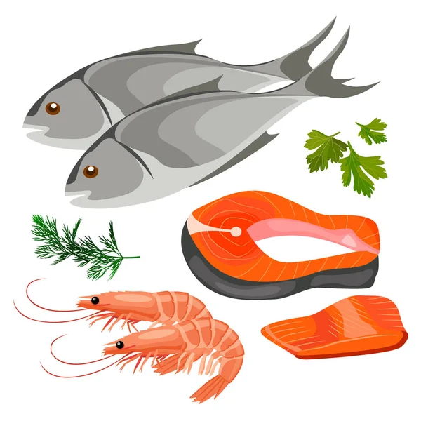 Düz stil, taze balık deniz gıdalar simge kümesi. — Stok Vektör