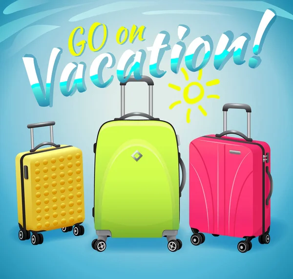 Firma Ve de vacaciones y tres maletas de viaje aisladas sobre fondo azul. Ilustración de equipaje y viajes . — Archivo Imágenes Vectoriales