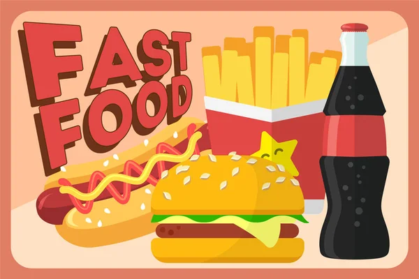 Colorido banner retro vector de comida rápida. Comida rápida hamburguesa cena y restaurante, sabrosa comida rápida muchas comidas y comida rápida poco saludable nutrición clásica en estilo plano . — Vector de stock