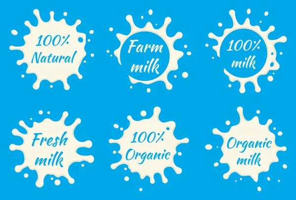 Melk etiketten vector set. Melk van splash en vlek ontwerp, vorm van creatieve illustratie. — Stockvector