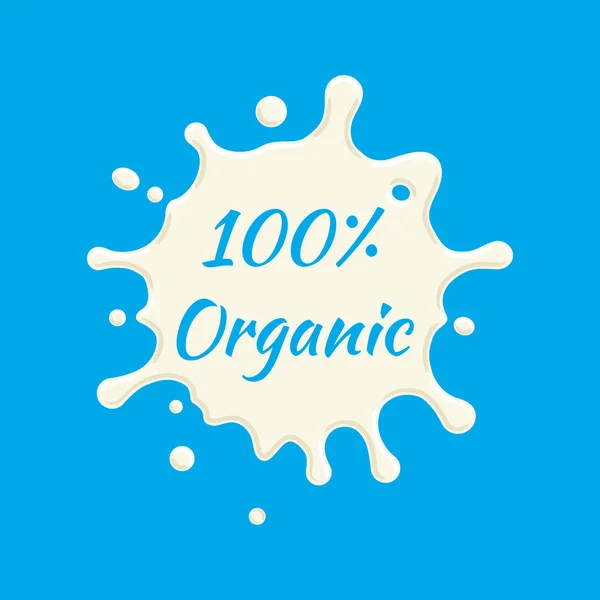 Vector de etiqueta de leche 100% orgánica. Diseño de salpicaduras y manchas de leche, ilustración creativa de forma . — Archivo Imágenes Vectoriales