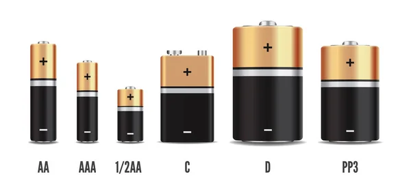 Conjunto de baterías alcalinas realistas de oro y negro vectoriales, tamaño difrente aislado sobre fondo blanco . — Archivo Imágenes Vectoriales
