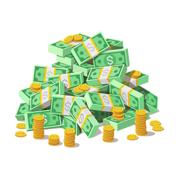 Big pile of cash money banknotes and gold coins, cents. — Stock Vector