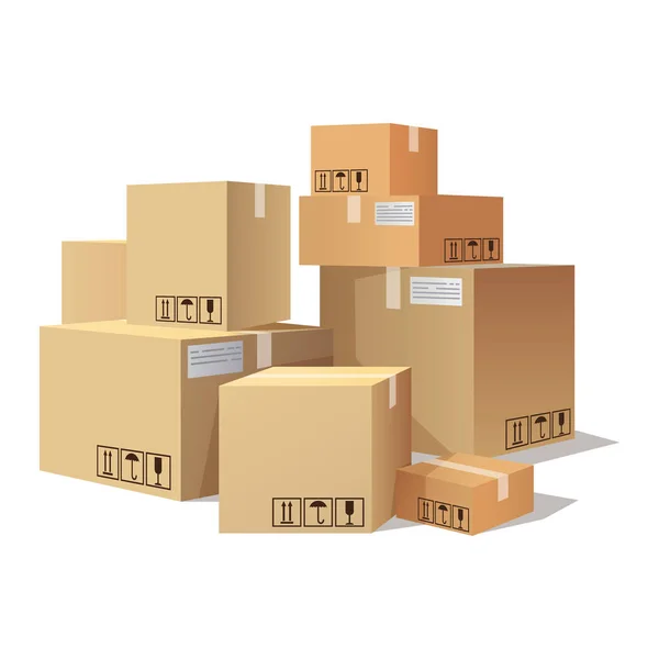 Molti cartoni, scatole di diverse dimensioni, pile di pacchetti — Vettoriale Stock