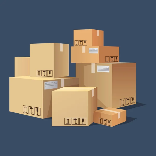 Muitas caixas, caixas de tamanho diferente, pilha de pacote —  Vetores de Stock