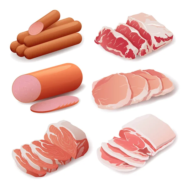 Zestaw wyrobów mięsnych w płaskim stylu, gotowanie, przysmaki. — Wektor stockowy