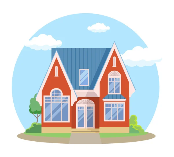 Rode cartoon huis buitenkant met blauwe bewolkte hemel Front Home het platform Concept Flat designstijl. Vectorillustratie van Facade-gebouw — Stockvector