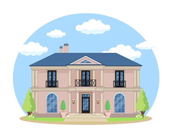 Maison de dessin animé extérieur avec ciel nuageux bleu Front Home Architecture Concept Flat Design Style. Illustration vectorielle du bâtiment de façade — Image vectorielle