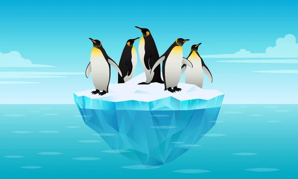 Flock of emperor penguins on ice floe in cold water — Stock Vector