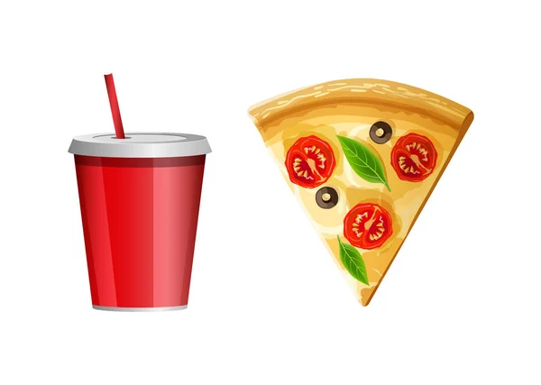 Fast food ikona, kawałek pizzy i wody gazowanej Cup — Wektor stockowy
