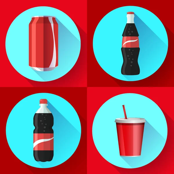 Soda-Flasche Set mit rotem lable flachen Vektorsymbolset — Stockvektor