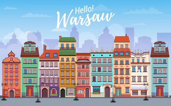 Warsaw cityscape banner in flat style. Europe panoramic city — Stock Vector