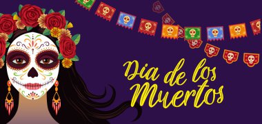 Day of dead, colorful banner with girl with traditional make-up clipart
