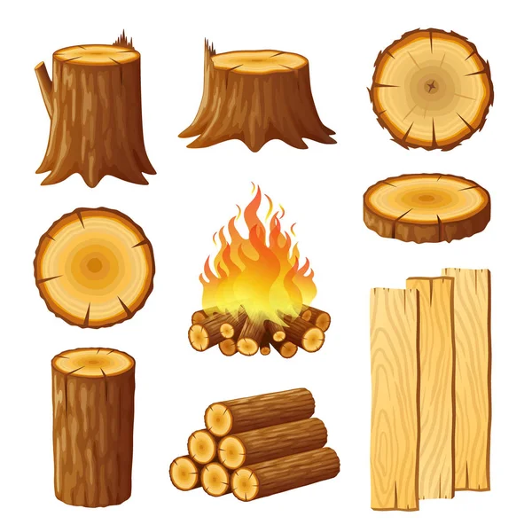 Set of logging, stumps and boards, woodpile and wood logs — Stock Vector