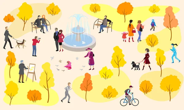 Parco cittadino autunnale con fontana e persone a piedi — Vettoriale Stock