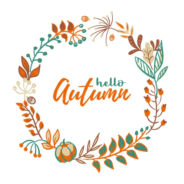 Couronne vectorielle de feuilles d'automne et de fruits dans le style doodle. Belle couronne ronde de feuilles jaunes et rouges, glands, baies, cônes et branches. Décor pour invitations, cartes de vœux, affiches . — Image vectorielle