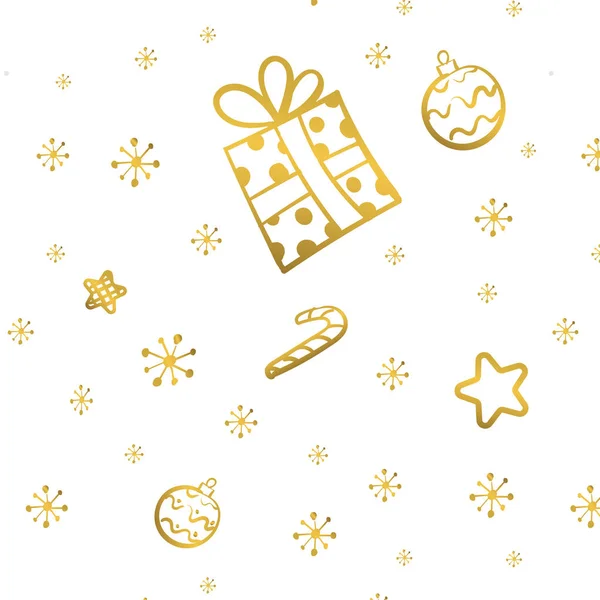 Різдвяний золотий безшовний візерунок з подарунком, зірками та цукерками Вектор намальований вручну — стоковий вектор