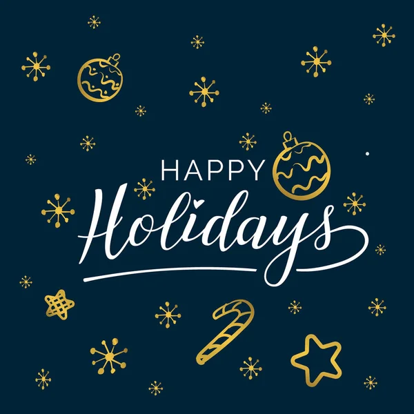 Felices fiestas. Hermosa tarjeta de felicitación caligrafía texto negro palabra estrellas de oro. Diseño de estampado de camiseta de invitación dibujada a mano. Escrito a mano moderno cepillo letras blanco fondo aislado vector . — Vector de stock