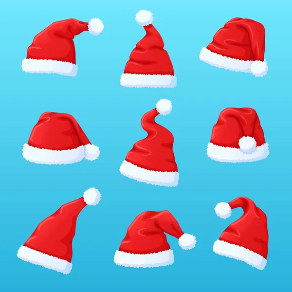 Набір червоний Санта Клауса капелюх, Кап новорічні — стоковий вектор