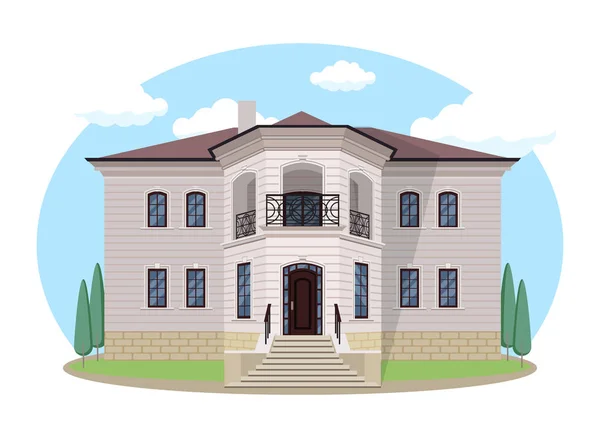 Cartoon huis buitenkant met blauwe bewolkte hemel Front Home Architectuur Concept Flat Design Style. Vector illustratie van de gevel gebouw — Stockvector