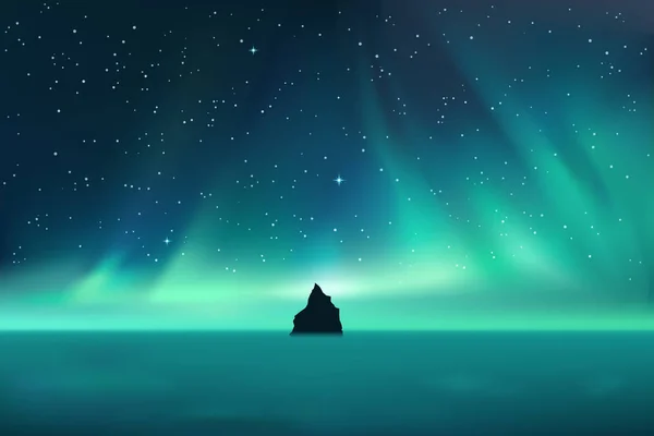 Roche sombre contre aurores boréales paysage avec étoiles — Image vectorielle