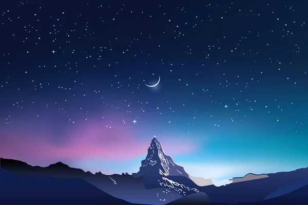 Snowy mountains, pink and blue night sky landscape with stars — Stock Vector