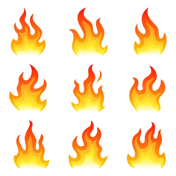 Ícones planos fogo vermelho conjunto isolado no fundo branco para o conceito de perigo ou design do logotipo. Conjunto de chamas e fogo vermelho —  Vetores de Stock