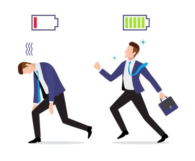 Stressed overworked and vigorous businessman with charged and discharged battery icon clipart