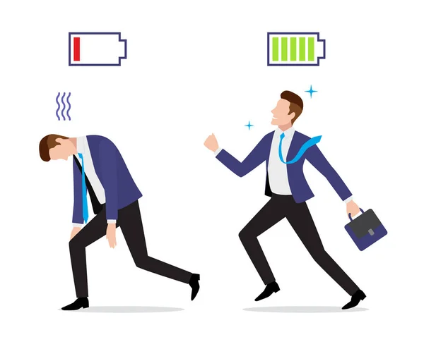 Stressed overworked and vigorous businessman with charged and discharged battery icon — Stock Vector