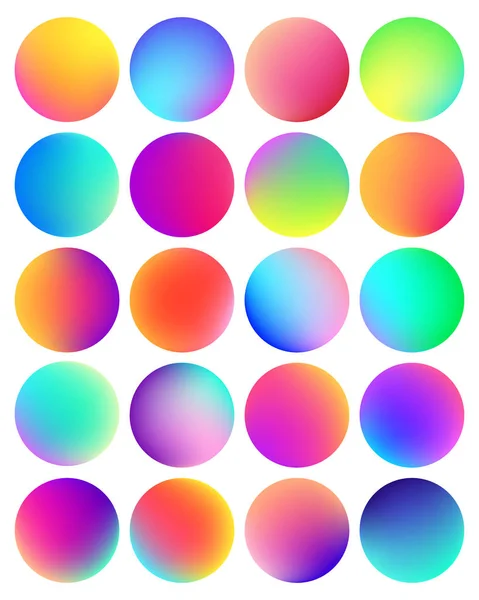 Pulsante a sfera a gradiente olografico arrotondato. Fluido multicolore cerchio gradienti, pulsanti rotondi morbidi colorati o sfere di colore vivido set vettore piatto — Vettoriale Stock