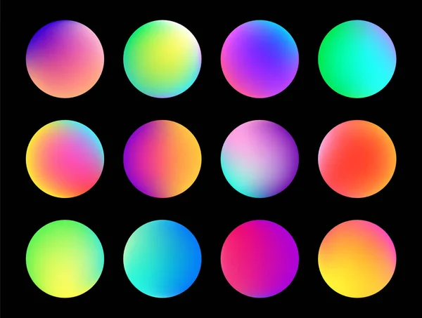 Botón de esfera de gradiente holográfico redondeado. Gradientes de círculo fluido multicolor, botones redondos suaves coloridos o esferas de color vívido conjunto de vectores planos — Archivo Imágenes Vectoriales