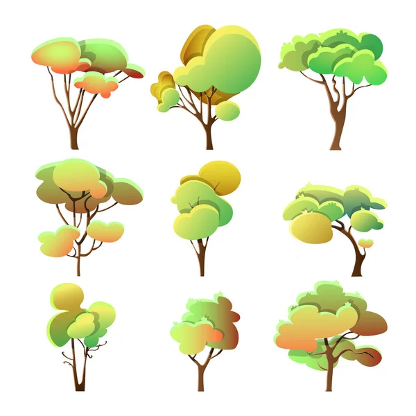 Σετ πολύχρωμα δέντρα διαφορετικό σχήμα με φύλλα — Διανυσματικό Αρχείο