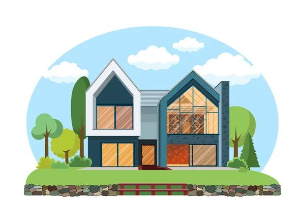 Kreskówkowy dom na zewnątrz z niebieskim zachmurzonym niebem Front Home Architektura Concept Flat Design Style. Ilustracja wektorowa budynku fasady — Wektor stockowy