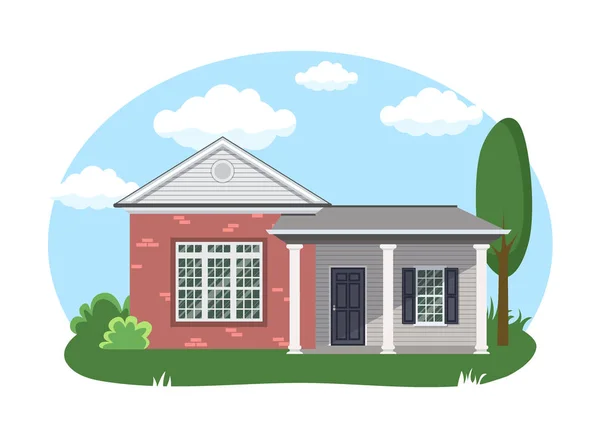 Tecknad hus exteriör med blå mulen himmel Front Home Arkitektur Koncept Flat Design Style. Vektorillustration av fasadbyggnaden — Stock vektor