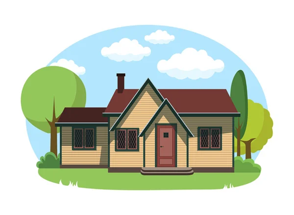 Exterior de la casa de dibujos animados con cielo azul nublado Front Home Architecture Concept Flat Design Style. Ilustración vectorial del edificio de fachada — Vector de stock