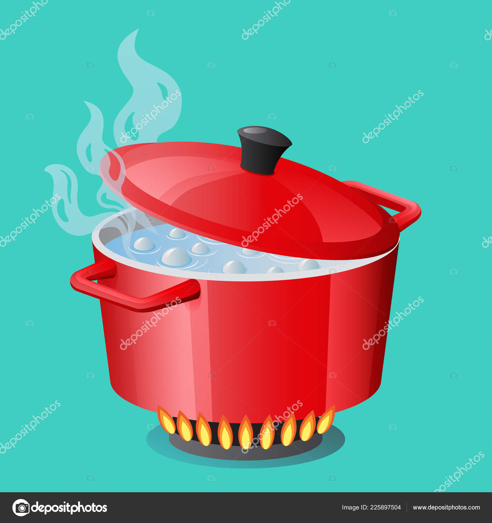 Boiling Water In Pan Red Cooking Pot On Stove With Water And Steam