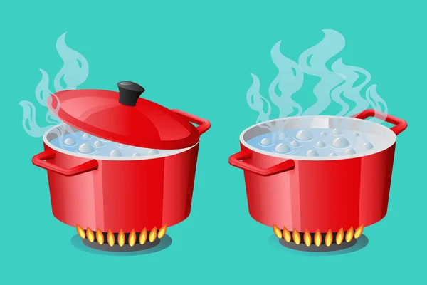 Conjunto de sartenes rojas con agua hirviendo, tapa de la cacerola abierta y cerrada — Vector de stock