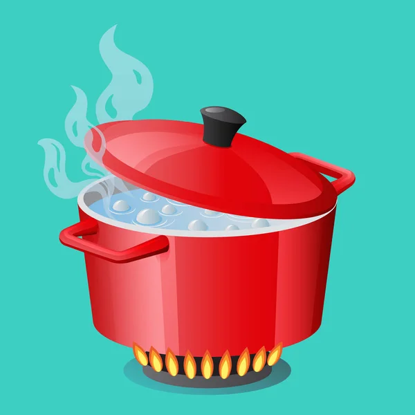 Červená pánev, hrnec, kastrol, rendlík, stewpan s vroucí vodou vařič a uzavřené pan víko vektorové izolované vaření ikonu — Stockový vektor